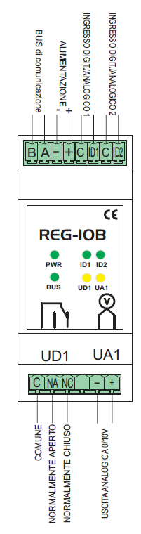 UFH-RHS-DIA Modulo di I/O per fissaggio a barra DIN, 2 output a relè, 2 ingressi per sonde di temperatura. Indicato per il controllo di valvole on/off, pompe, consensi, valvole miscelatrici a 3 punti.