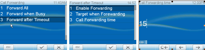 a. Premere il tasto Menu. b. Premere 2 Call Features. c. Premere 1 Trasferimento chiamate. d. Premere 3 Forward after Timeout. e. Premere 2 Target when Forwarding. f. Digitare il numero. g.