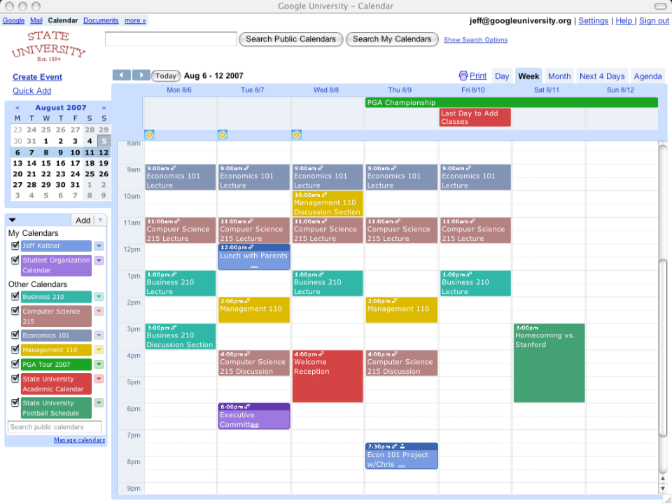 Un esempio dell ambiente calendario, con i calendari predefiniti delle