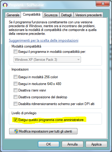 Inoltre è possibile rendere permanente tale impostazione dalle proprietà del collegamento o del programma alla voce Compatibilità : NUOVE FUNZIONALITA Gestione del LiveTiming verso il sito fisski.