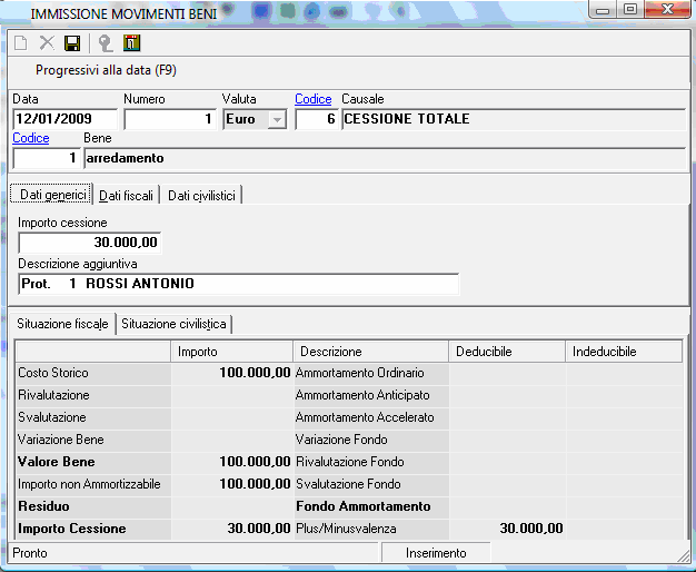 Occorre particolare attenzione al conto da utilizzare nella registrazione di cessione che deve essere necessariamente lo stesso conto utilizzato nella personalizzazione del bene acquistato nel modulo