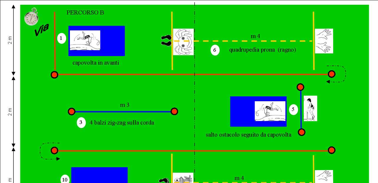 PERCORSO B 1) Capovolta in avanti 6) Quadrupedia prona (ragno) 5) Superamento dell ostacolo a piedi pari e capovolta 3) Balzi a zig-zag a piedi pari sulla corda