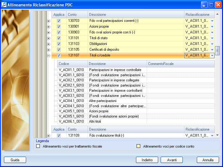 Conti visualizzati in giallo è possibile decidere di non allinearli togliendo l opzione Applica è possibile modificare la voce di riclassificazione proposta in automatico e associare quella più