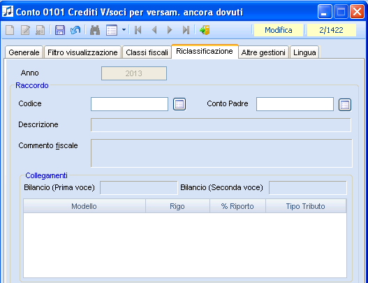 Esempio: conto 15010105 Banca 3 conto da definire Nel software di Bilancio può essere raccordato con una voce appartenente all ATTIVO ed una appartenente al PASSIVO: voce attivo A.C.IV.1 Depositi bancari e postali voce passivo P.