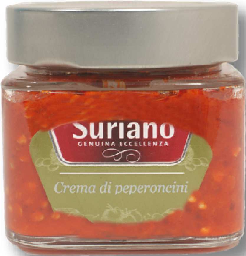 CREMA DI PEPERONCINI Peperoncini Calabresi (lungo a sigare!a) 92%, olio extravergine di oliva, sale. Senza conservan" e coloran". ml. 212 gr.