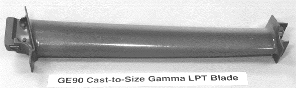 Figura 9.22 Prototipo di paletta di turbina di bassa pressione (Low Pressare Turbine) in Ti 48-2-2 (48 Al, 2 Nb, 2 Cr - % atom) per il motore GE90. Figura 9.