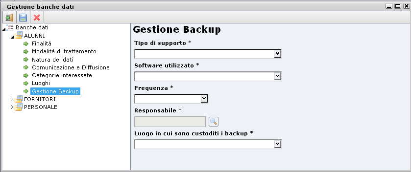 L'indicazione dei dati riguardanti le finalità, le modalità di trattamento, la natura dei dati, gli ambiti di comunicazioni e dei luoghi avviene settando le checkbox corrispondenti alle descrizioni