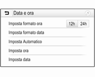 Visualizzatore grafico info Premere MENU per aprire il rispettivo menù audio. Selezionare Ora e data. Impostazione dell'ora Selezionare Imposta ora per entrare nel relativo sottomenù.