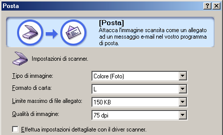 Impostazioni Posta (1/6) Questo argomento spiega le impostazioni nella finestra di dialogo Posta. Impostazioni Scanner - Tipo di immagine (Windows) Selezionare una modalità della scansione.