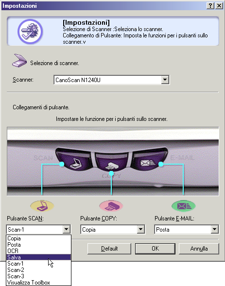 Capitolo 3 Utilizzo di Pulsanti Scanner Cambiamento delle Funzioni del Pulsanti Scanner (1/2) I pulsanti scanner possono essere assegnati ad una diversa funzione del Toolbox.