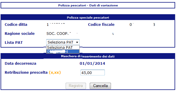 L applicazione visualizza l elenco delle ditte in delega e, una volta che l utente ha selezionato/ricercato il codice ditta per il quale deve essere effettuato l invio della denuncia, la seguente