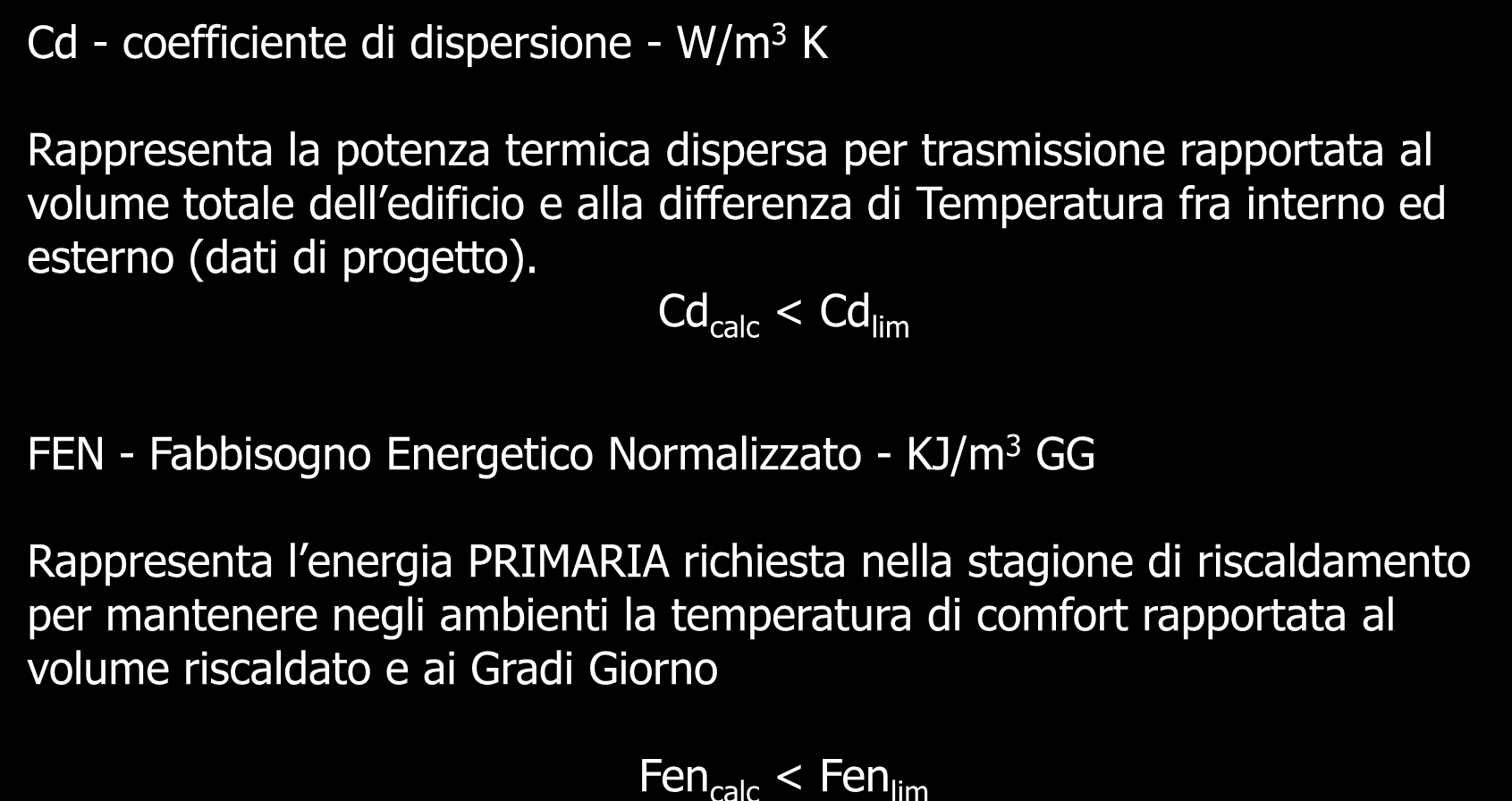 Legge 10/1991 Norme in materia di uso razionale dell'energia, di risparmio energetico e di sviluppo delle fonti rinnovabili di energia Cd - coefficiente di dispersione - W/m 3 K Rappresenta la