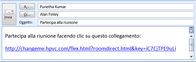 Impostazione delle riunioni Invitare i partecipanti a una riunione È possibile invitare i partecipanti a una riunione mediante l'invio via e-mail del collegamento alla sala riunioni.