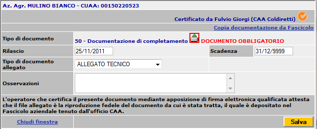 5) L operatore CAA clicca sulla casella di spunta adiacente al codice F50 e clicca su Salva, registrando così il primo record e successivamente clicca sull icona indicata con la freccia rossa per