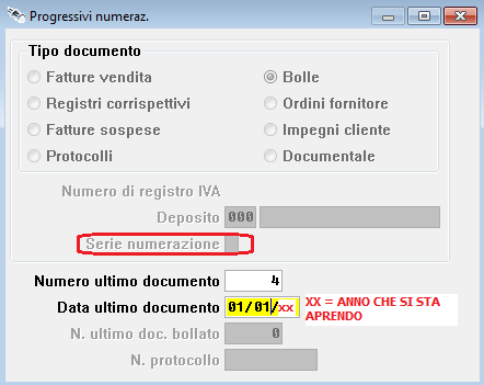 Vendita e Bolle eseguire sempre gli stessi passi: Selezionare il pulsante Prec (in alto a sinistra dello schermo), in modo tale che verranno indicati Ultimo numero documento, Data ultimo documento e