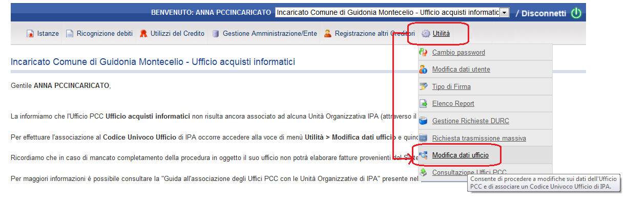 Figura 8 - Riepilogo delle informazioni relative agli uffici PCC (funzione riservata ai Responsabili) 2.