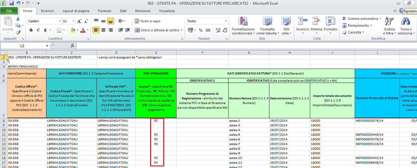 I campi delle sezioni DATI AMMINISTRAZIONE e DATI FORNITORE risultano già valorizzati.