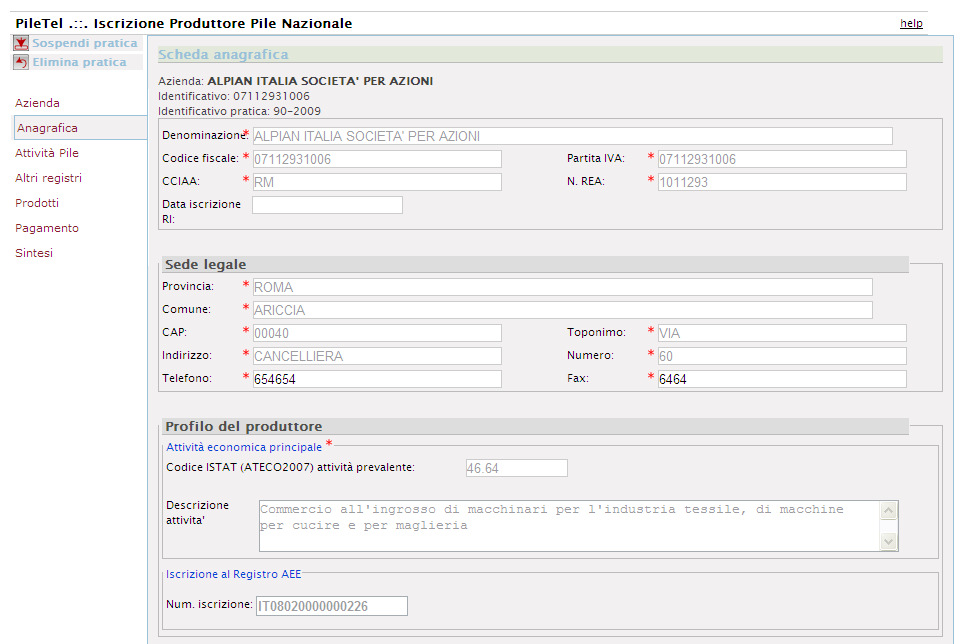 Passo 2: Scheda Anagrafica Una volta selezionata l impresa, la scheda anagrafica viene prevalorizzata