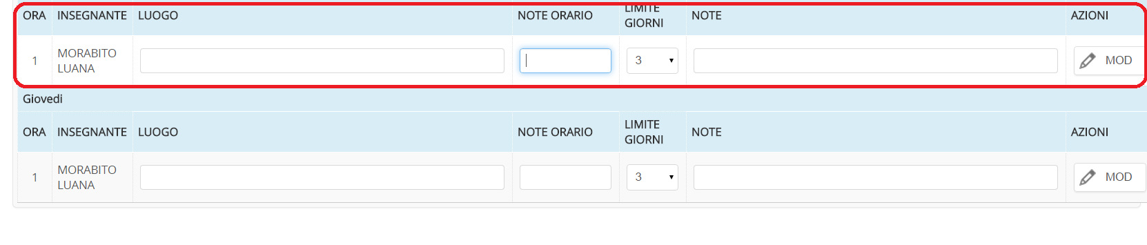 È altresì possibile fissare il limite di giorni entro i quali il genitore può effettuare la sua prenotazione: Per salvare le informazioni inserite, premere il pulsante MOD