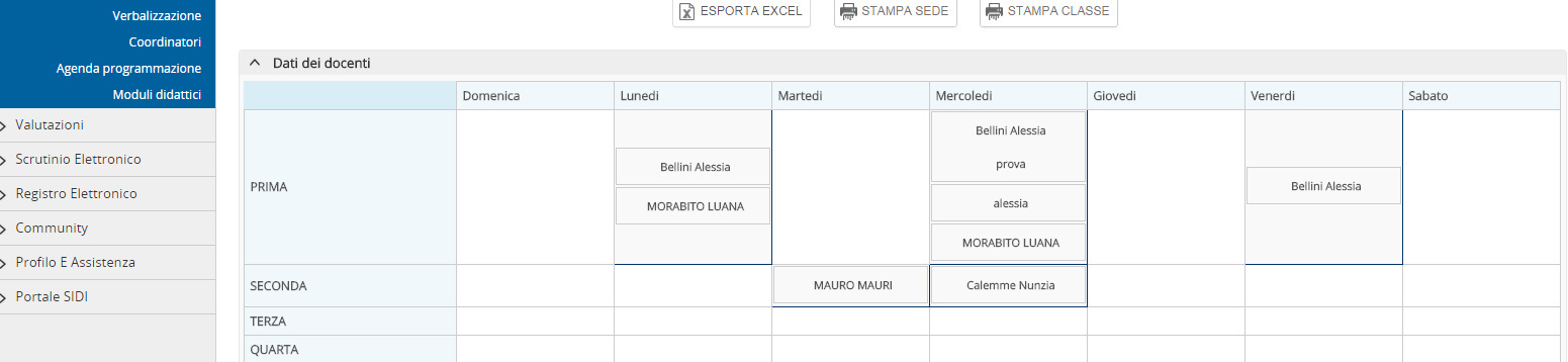 La stampa dell orario di ricevimento è disponibile nei seguenti tre formati: documento excel, stampa per sede ed infine per classe: Lista prenotazioni Questa maschera permette al docente di