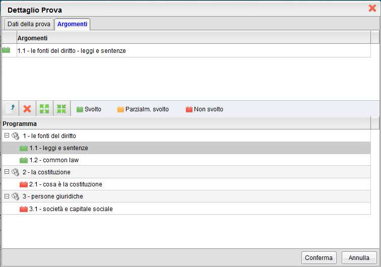 Alla selezione di un modulo o di un argomento nella parte inferiore si abilita il pulsante per l'assegnazione, rispettivamente, dell'intero modulo o del singolo argomento alla prova selezionata.
