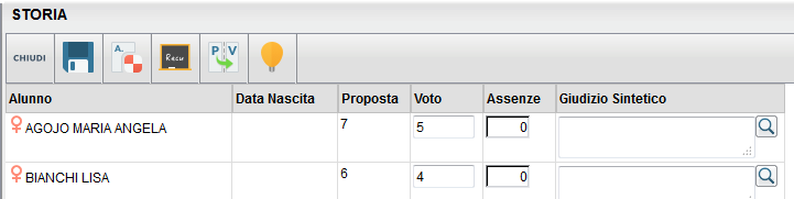 Inserimento voti per Materia Dalla finestra principale del caricamento voti, cliccando sulla descrizione sintetica della materia Il docente ha a disposizione un prospetto nel quale sono elencati gli