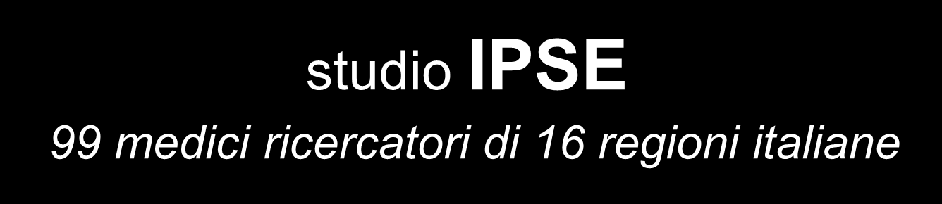Media visite settimanali studio IPSE 99 medici ricercatori di 16 regioni italiane 6 Media visite settimanali per regione 5,6 CAMPANIA LAZIO MARCHE 5 4,2 4,5 CALABRIA TOSCANA 4 3 2 1,7 1,8