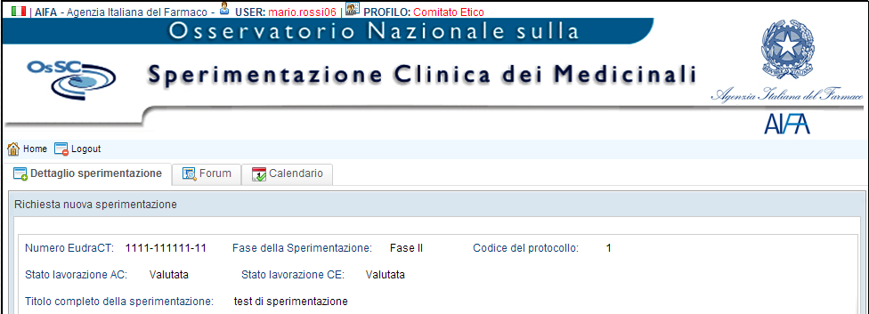 Comitato Etico Gestione calendario Calendario della Sperimentazione Funzione