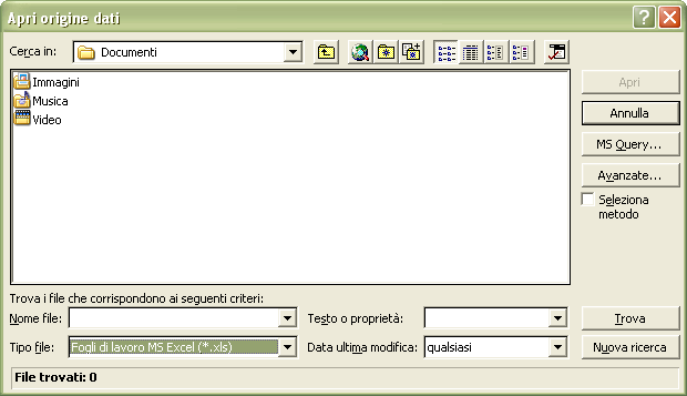 Nel secondo punto Origine dati cliccare sul pulsante Dati e scegliere Apri Origine Dati dalla finestra che si apre scegliere come Tipo di file il Foglio di lavoro di MS Excel (*.