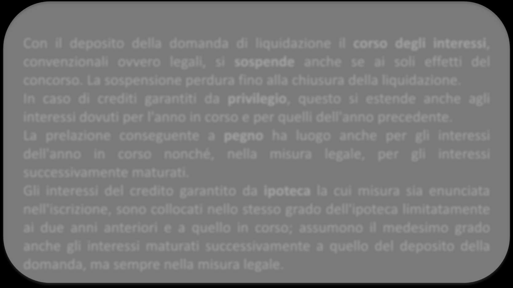 Liquidazione patrimonio EFFETTI PRESENTAZIONE DOMANDA Con il deposito della domanda di liquidazione il corso degli interessi, convenzionali ovvero legali, si sospende anche se ai soli effetti del