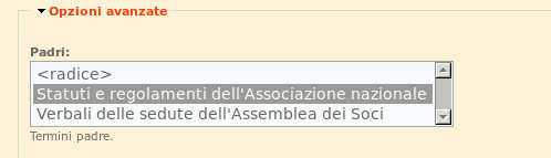 I termini della tassonomia si posso anche nidificare ovvero creare dei sottotermini: Esempio Cliccando su opzioni avanzate: In questo caso la voce che inseriremo sarà figlia del termine padre