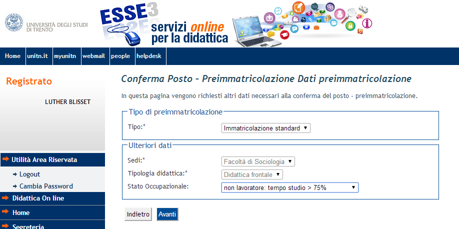 7. Scelta classe Solo per Economia e Management Solo se hai scelto di confermare il posto per Economia e Management avrai anche una schermata Conferma posto Preimmatricolazione Scelta corso di studio