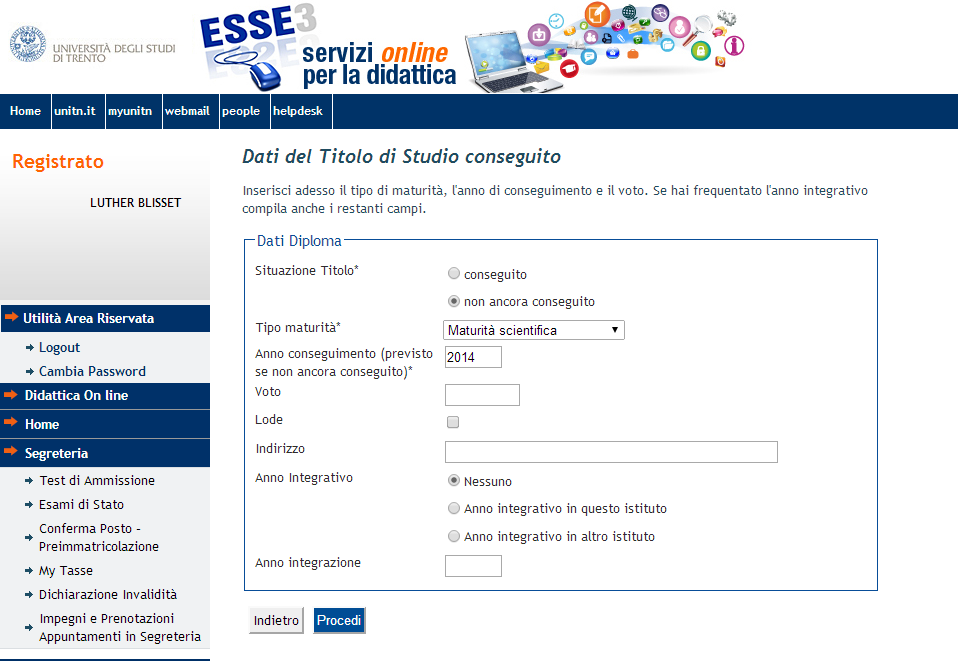 Se hai conseguito il titolo di maturità: - scegli Situazione titolo conseguito - inserisci anno e voto di conseguimento ed eventuale indirizzo Anno integrativo: va compilato solo nei casi in