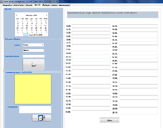 Agenda: L 'agenda è di una semplicità unica, prevede la selezione del medico e del giorno mediante un intuitivo calendario; molto utile per il dentista la suddivisione in quarti di ora.