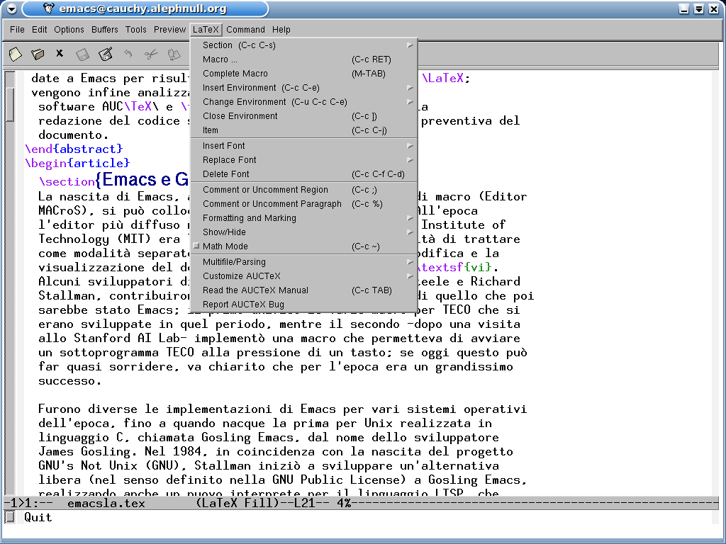 ArsT E Xnica Nº 2, Ottobre 2006GNU Emacs e AUCTEX per LATEX Figura 1: Il menu L A TEX di AUCTEX.