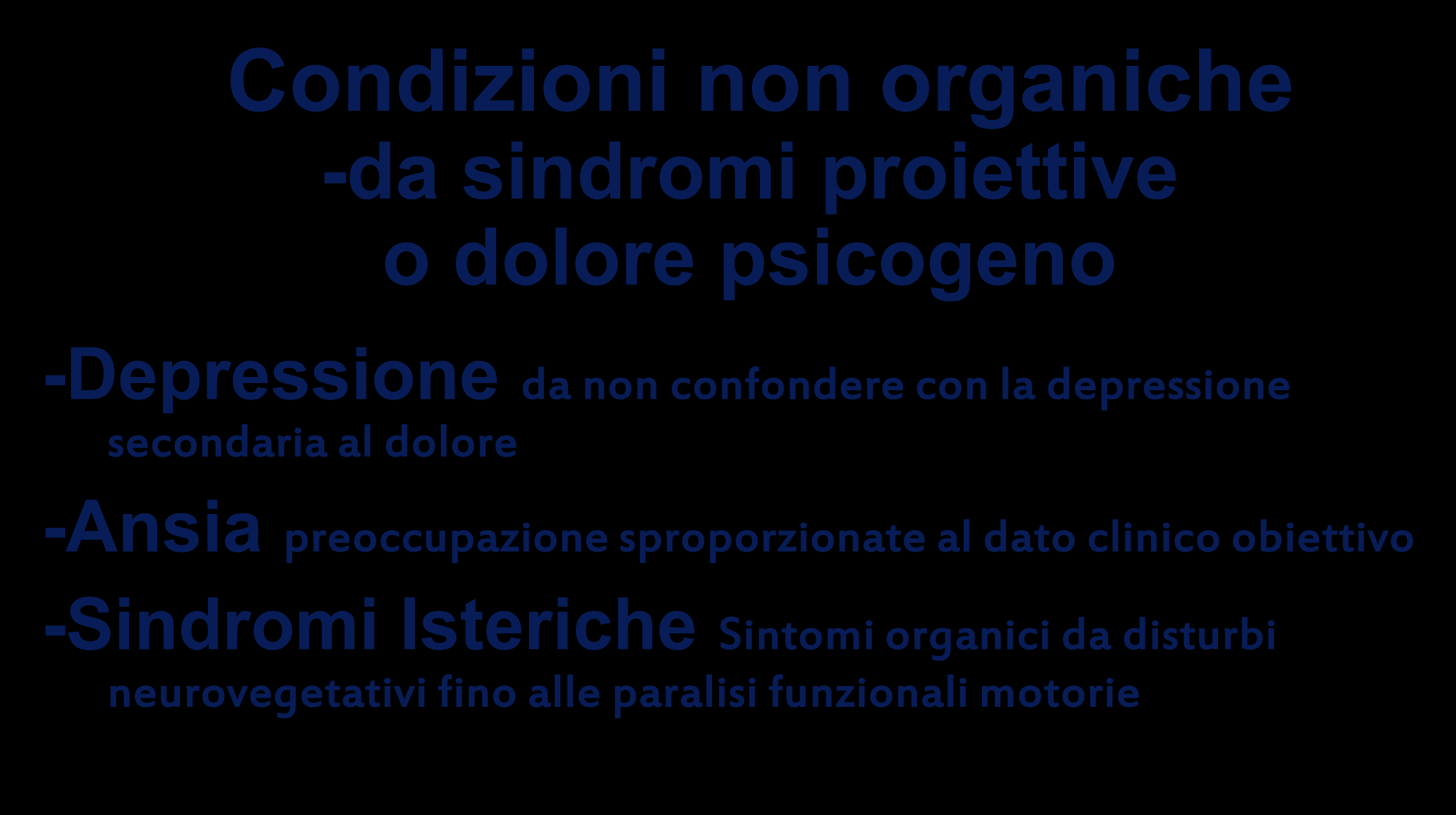 2a Condizioni non organiche -da sindromi proiettive o dolore psicogeno -Depressione da non confondere con la depressione secondaria al dolore -Ansia