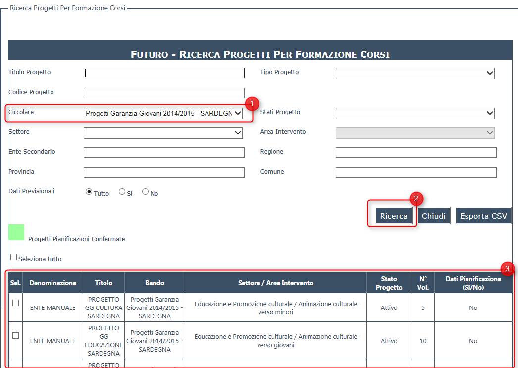 Figura 2 Esempio di ricerca dei progetti per un bando specifico Nell'esempio di figura 2 è stata selezionata la circolare "Progetti Garanzia Giovani 2014/2015 - SARDEGNA" e cliccato il tasto