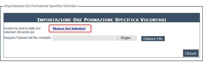 4.1.1. Recupero modello con i volontari Dalla maschera di Importazione Ore Formazione Specifica Volontari è possibile accedere alla ricerca dei progetti per i quali è necessario caricare le ore di