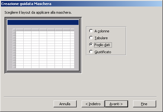 Creare una maschera Foglio dati: crea una finestra