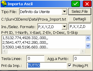 Il file da importare sarà l archivio Prova_Import.txt che è cosi formato : 1,5132.774,4928.332,.000,, 2,5641.477,4742.280,.000,, 3,5393.148,5196.683,.000,, 4,5369.356,5354.357,.000,, 5,5320.824,5097.