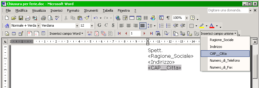 A questo punto la barra degli strumenti di stampa unione di Word XP è completa.