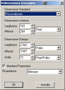 Ridimensionamento delle immagini Per aumentare o ridurre le dimensioni di un'immagine: 1. Aprire il file immagine 2. Selezionare Immagine > Ridimensiona Immagine 3.