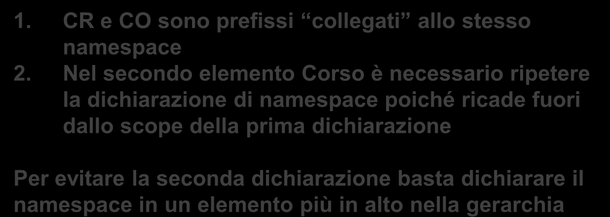 Esempio <DC:Docenti xmlns:dc="www.unibo.it/docenti"> <DC:Docente codateneo="112233"> <DC:Nome>Ilaria</DC:Nome> <DC:Cognome>Bartolini</DC:Cognome> <CR:Corso id="123 xmlns:cr= www.unibo.it/corsi"> <CR:Nome>Tecnologie Web T</CR:Nome> </CR:Corso> <CO:Corso id="124" xmlns:co="www.