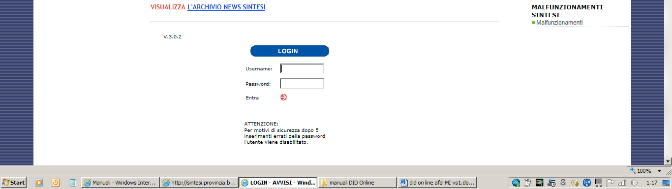 Accesso al sistema Una volta ottenute le credenziali e la Job Card (PIN) accedere al sistema SINTESI con l indirizzo http://sintesi.provincia.milano.