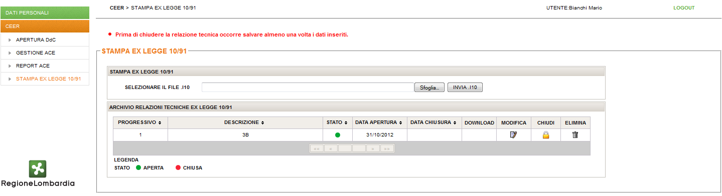 Aggiornamento 05/04/2016 Fig. 165 Sezione Stampa Ex Legge 10/91: salvataggio dati legge 10. Fig. 166 Sezione Stampa Ex Legge 10/91: archivio relazioni tecniche ex legge 10/91. Fig. 167 Sezione Stampa Ex Legge 10/91: errore mancato salvataggio dati.