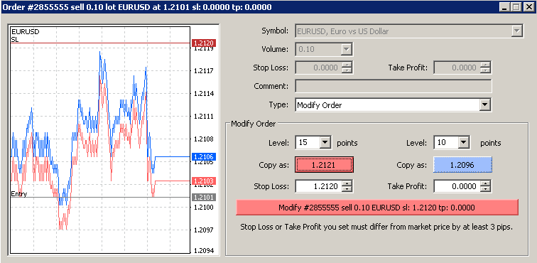 Successivamente, al fine di modificare i livelli Stop Loss e Take Profit, utilizzare il menu contestuale: Click destro sulla posizione aperta oppure sull ordine in attesa "Trade" dalla finestra