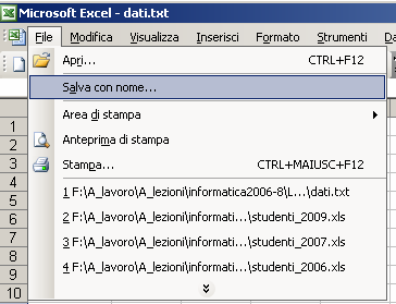 . Apri con Selezionare tutta la colonna (click sulla lettera della colonna) Dal menu dati selzionare testo in colonne Tasto destro Di