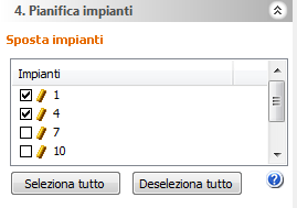 E. Allineare gli impianti Per allineare facilmente gli impianti, seleziona gli impianti usando la lista Impianti (1). 1 Ora puoi selezionare l impianto di riferimento (2).