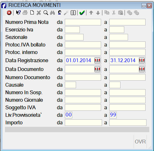 1.5 Da Amministrazione / Contabilità generale / Movimenti / Contabili controllare che, nell esercizio che si intende chiudere, in questo caso 2013, non ci siano scritture contabili con data < di 01.