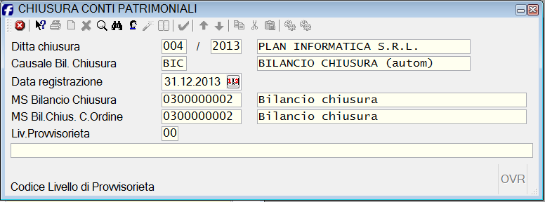 2.3 3-chiusura patrimoniali Inserire l esercizio che si sta chiudendo e la data registrazione perché se la tabella degli automatismi, precedentemente controllata, è configurata